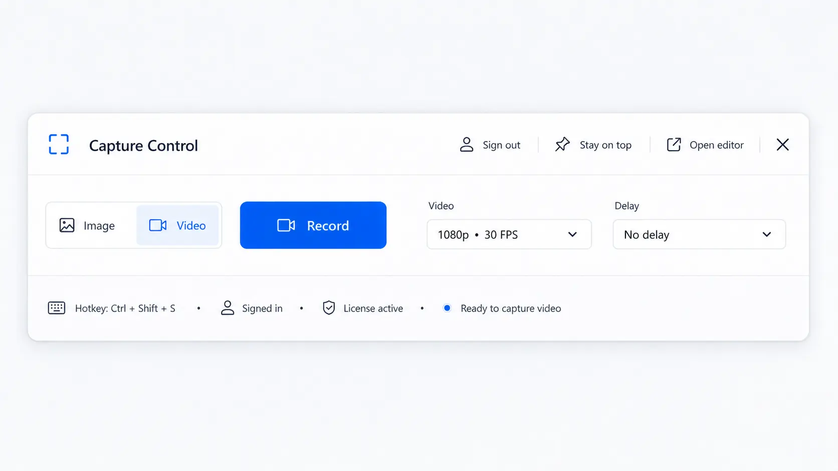Snixy video capture controls with resolution, frame rate, delay, and recording options.