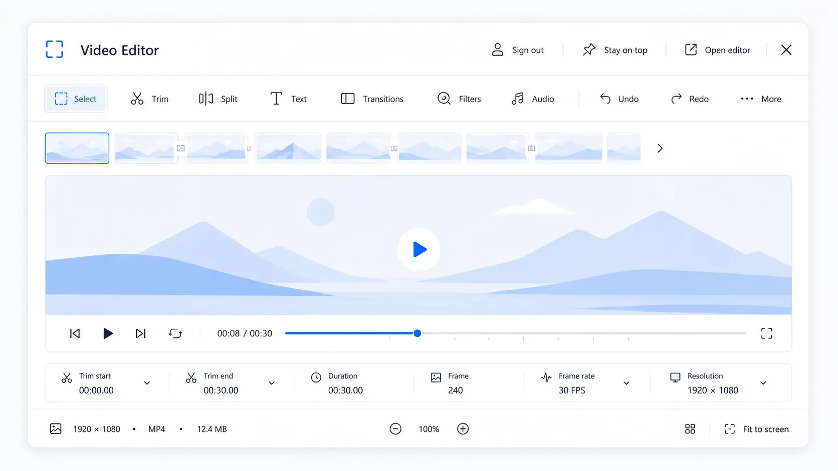 Snixy video editor with timeline, trim controls, and MP4 export.